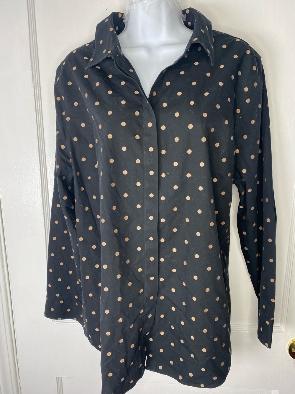 Chicos No Iron Black Polka Dot Button-Up Shirt with Beige Dots